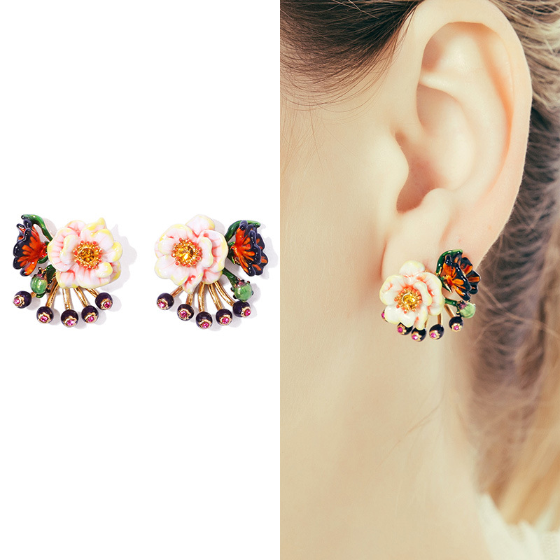 Pink Peony Apricot Flower Butterfly And Crystal Enamel Stud Earrings Jewelry Gift