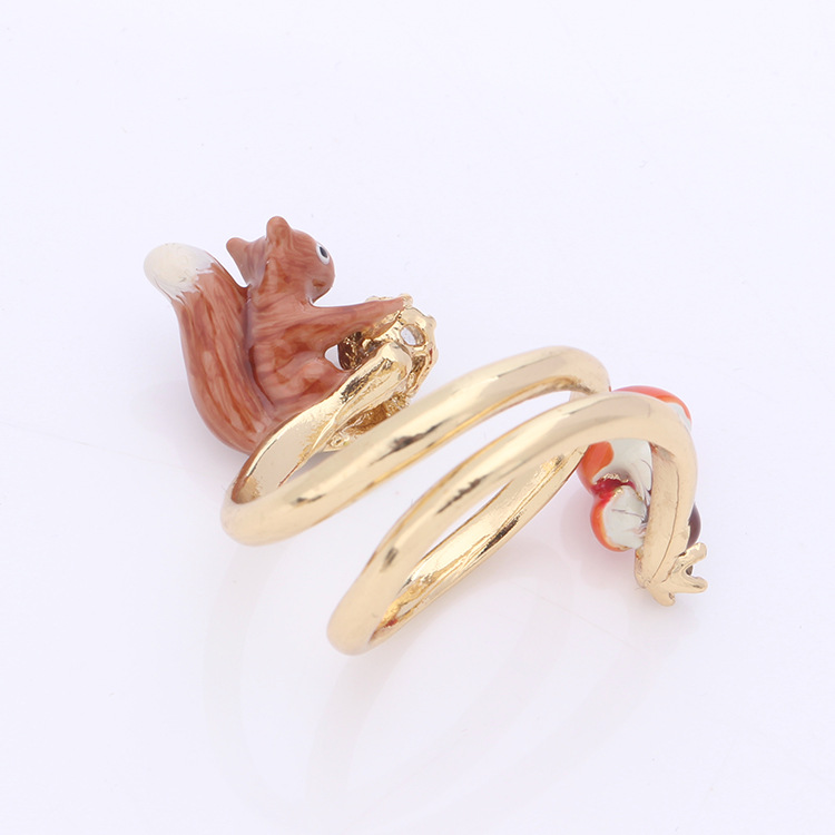 Squirrel Mushroom And Crystal Enamel Adjustable Helix Ring