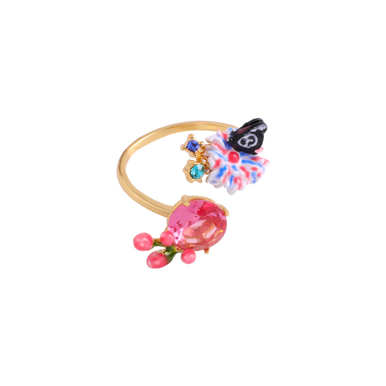 Colorful Flower And Crystal Enamel Adjustable Ring Jewelry Gift