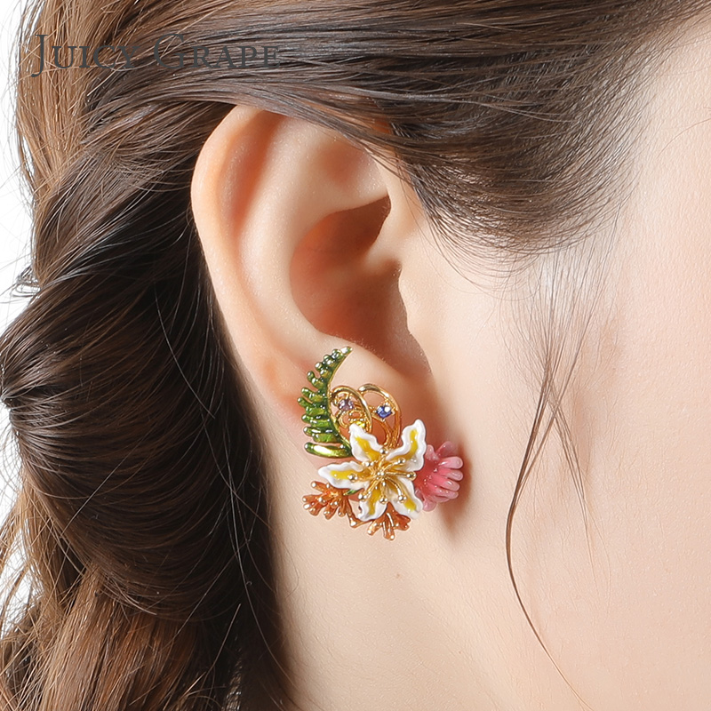 Pine Stone Flower Parrot Enamel Earrings Jewelry Hook Earrings
