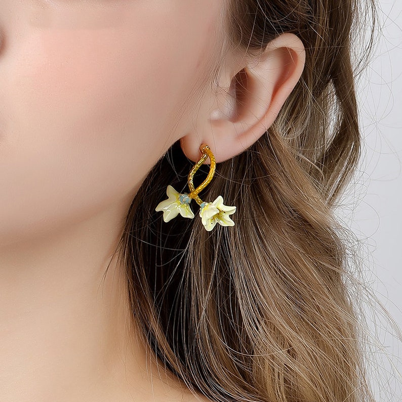 Lily Yellow Flower Enamel Stud Earrings Jewelry Gift