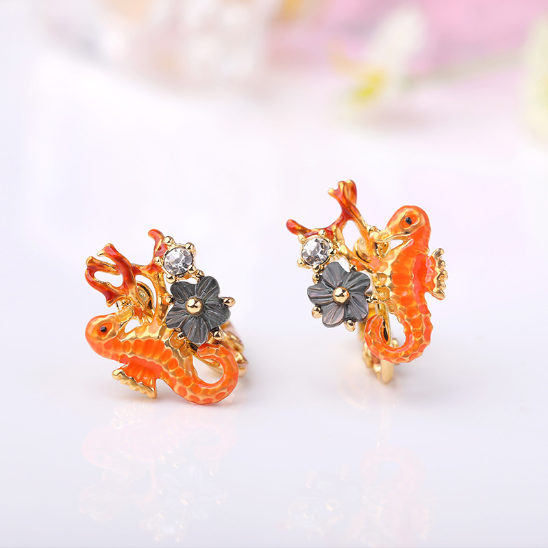 Hippocampus Enamel Earrings Jewelry Stud Clip Earrings