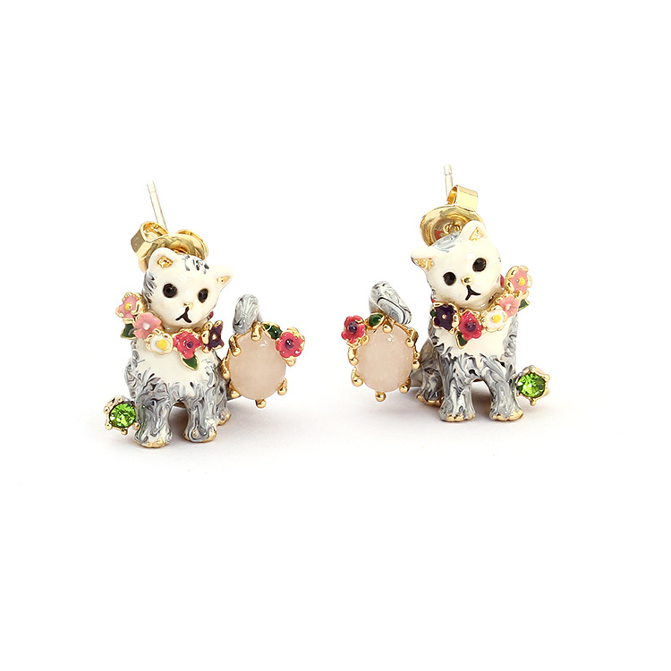 Little Cat Gem Enamel Earrings Jewelry Stud Earrings