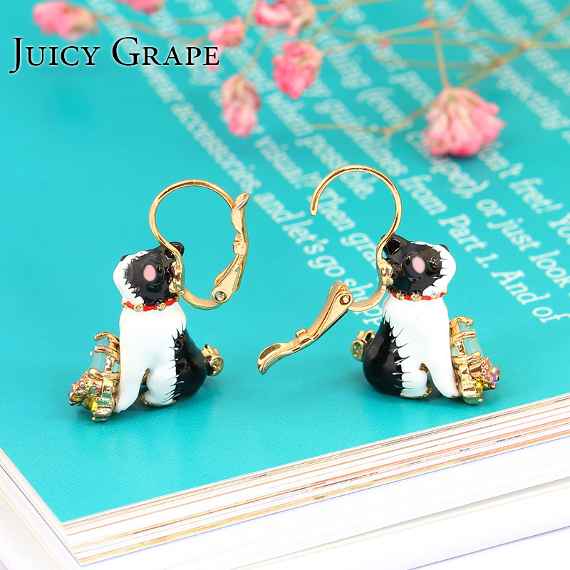 Lovely Bulldog Gem Enamel Earrings Jewelry Hook Earrings