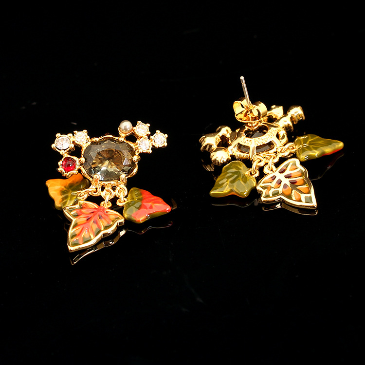 Maple Leaves Gray Crystal Enamel Earrings Jewelry Stud Earrings