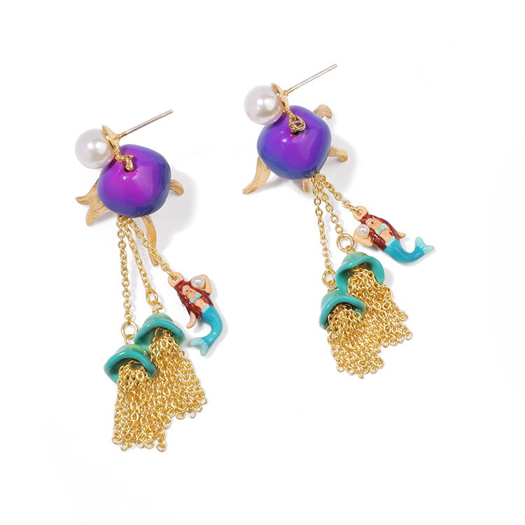 Mermaid Long Tassel Enamel Earrings Jewelry Stud Clip Earrings