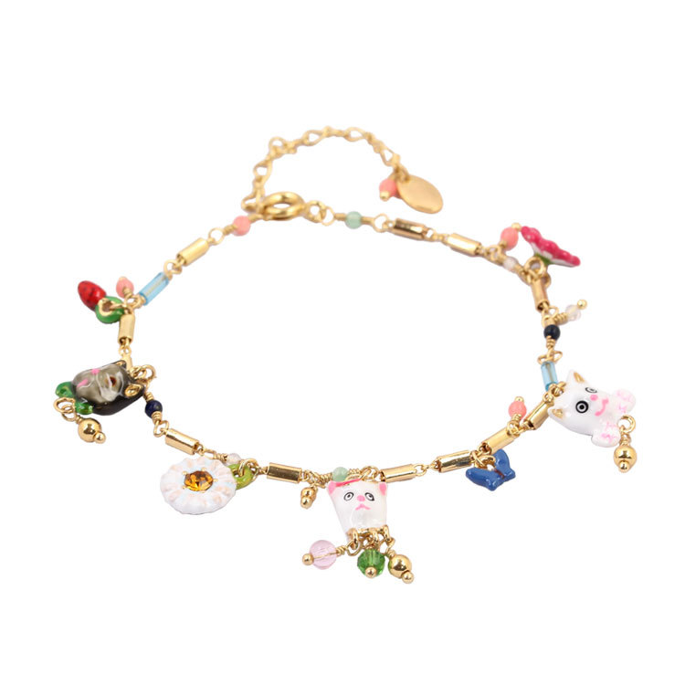 Cat Kitty Flower Gold Plated Jewelry Enamel Bracelet