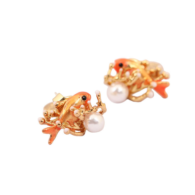 Orange Fish Coral Pearl Enamel Earrings Jewelry Stud Clip Earrings