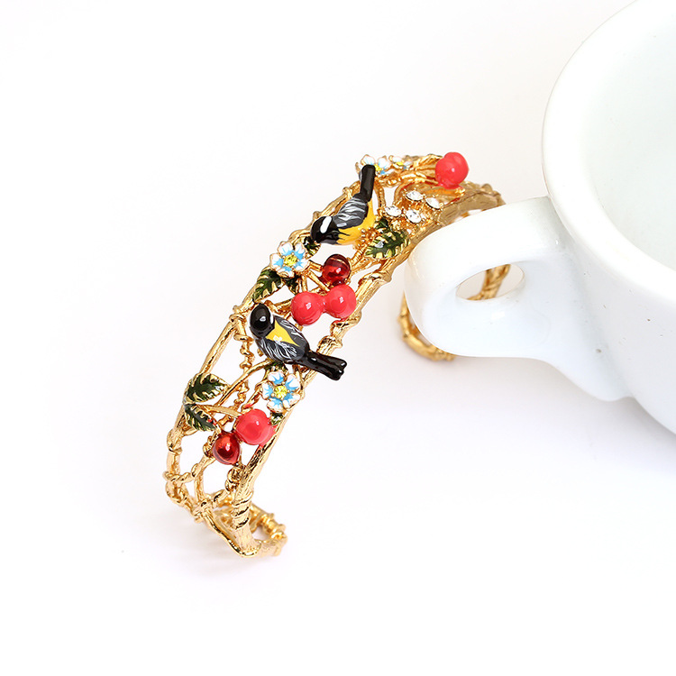 Oriole Cherry Hollowed Out Gold Plated Jewelry Enamel Bracelet