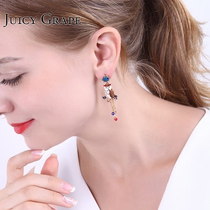 Owl Sapphire Tassel Enamel Earrings Jewelry Stud Earrings