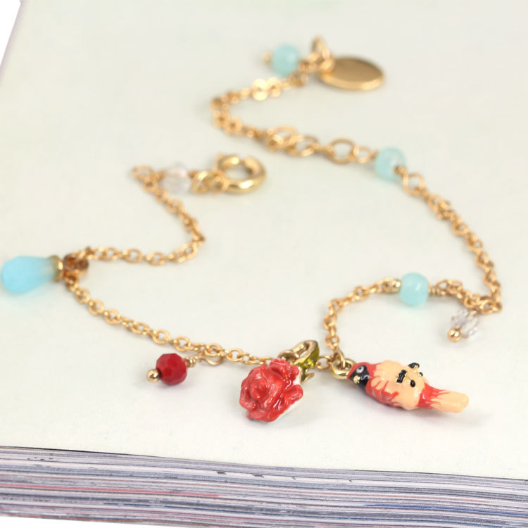 Parrot Red Flower Pendant Gold Plated Jewelry Enamel Bracelet