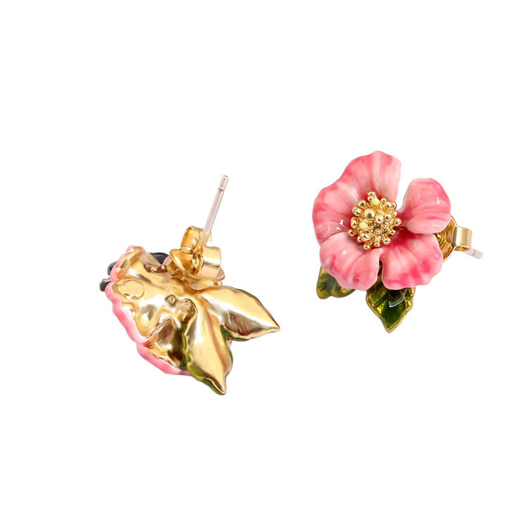 Pink Flower Butterfly Asymmetry Enamel Earrings Jewelry Stud Clip Earrings