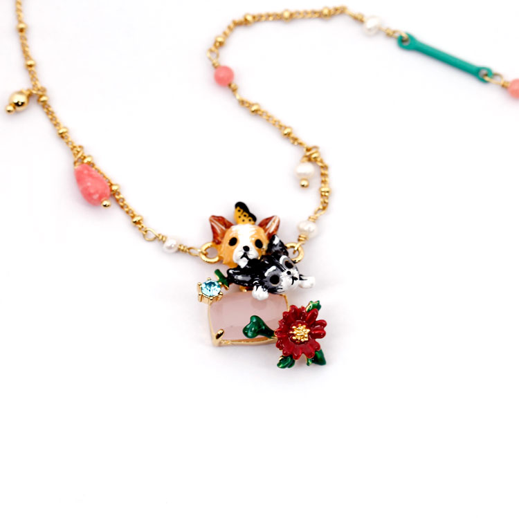 Chihuahua With Flowers And Fantasy Beads Enamel Necklace