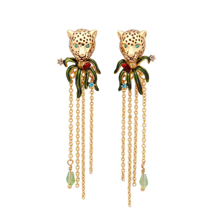 Panther Leopard Head Long Tassel Enamel Earrings