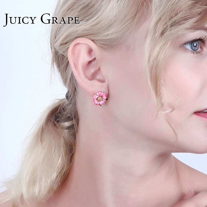 Pink Flower Butterfly Asymmetry Enamel Earrings Jewelry Stud Clip Earrings
