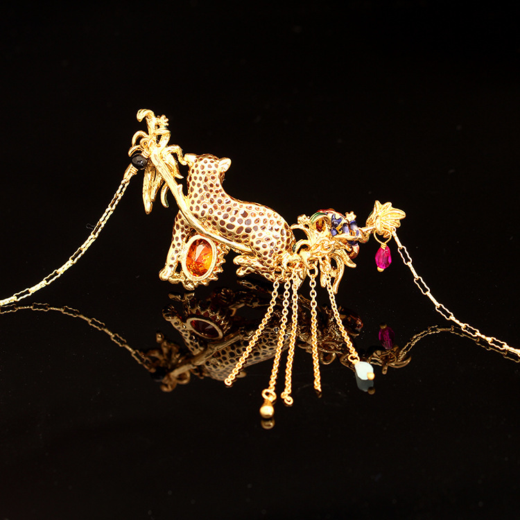 Leopard and Crystal Enamel Tassel Necklace