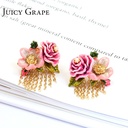 Pink Flower Tassel Enamel Earrings Jewelry Stud Earrings