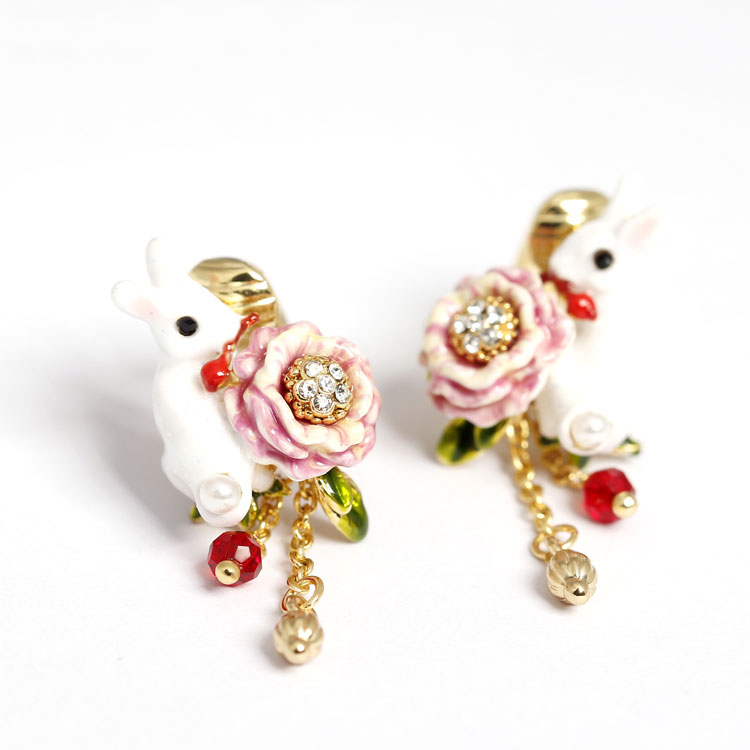 Rabbit Flower Tassel Enamel Earrings Jewelry Stud Clip Earrings