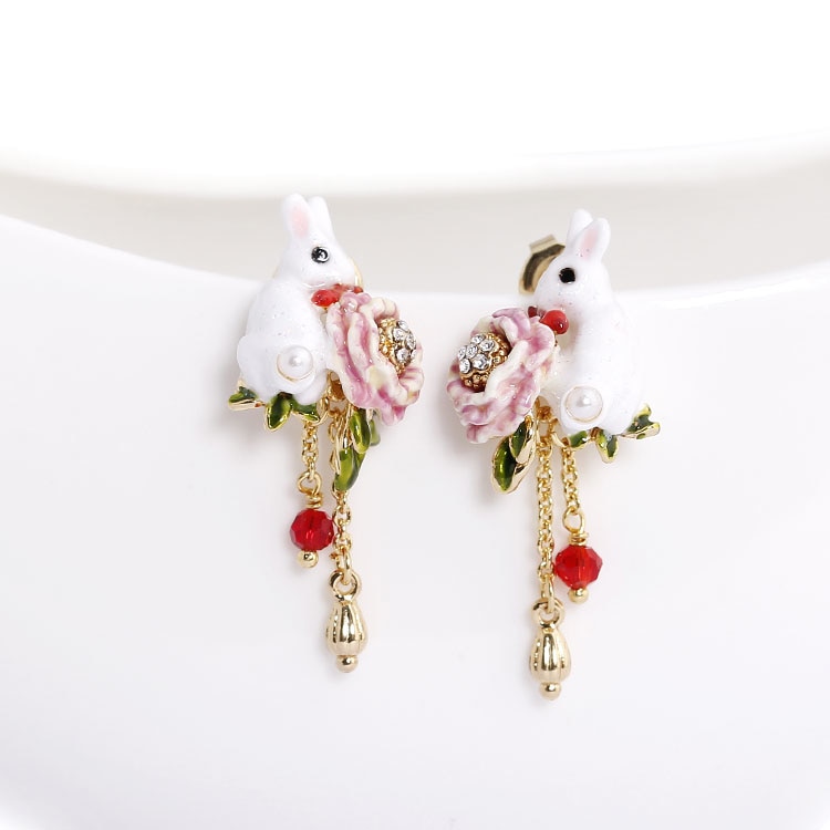 Rabbit Flower Tassel Enamel Earrings Jewelry Stud Clip Earrings