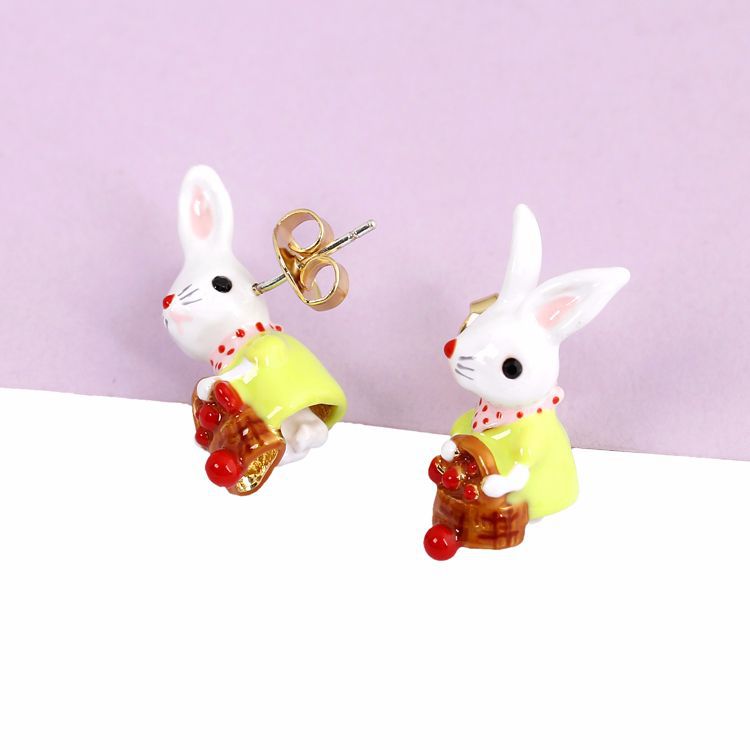 Rabbit Lantern Flower Basket Enamel Earrings Jewelry Stud Earrings