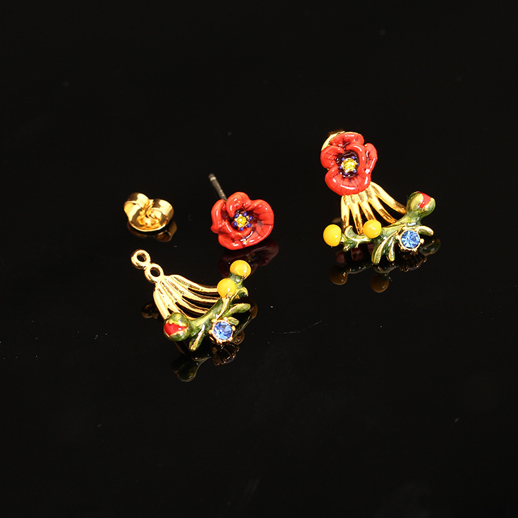 Red Enamel Flower Zircon Earrings Jewelry Stud Earrings