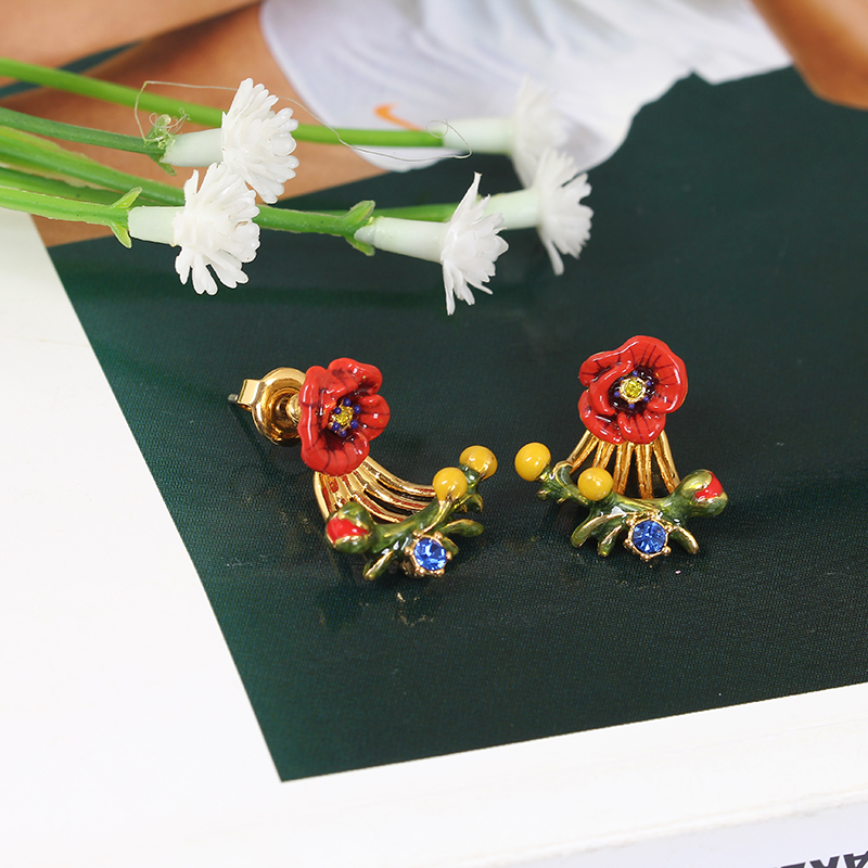 Red Enamel Flower Zircon Earrings Jewelry Stud Earrings