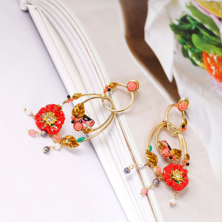 White Daisy Cherry Gem Pendant Jewelry Enamel Bracelet