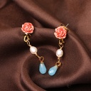 Red Flower Pearl Water-drop Enamel Earrings Jewelry Stud Earrings