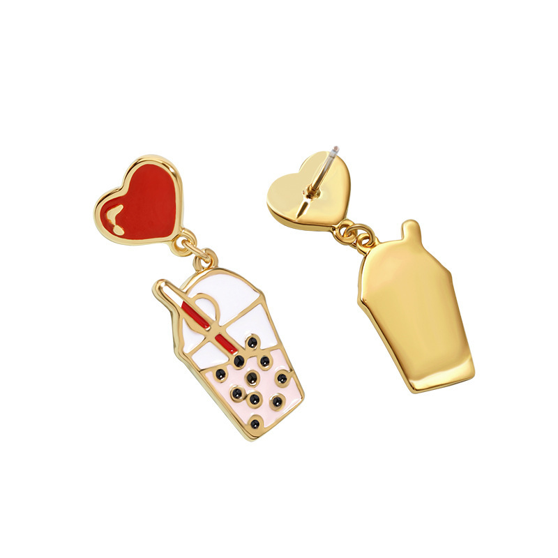 Red Heart Milk Tea Hand Painted Enamel Stud Earrings