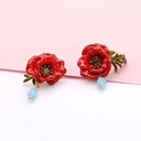 Red Peony Water Drop Enamel Earrings Jewelry Stud Clip Earrings