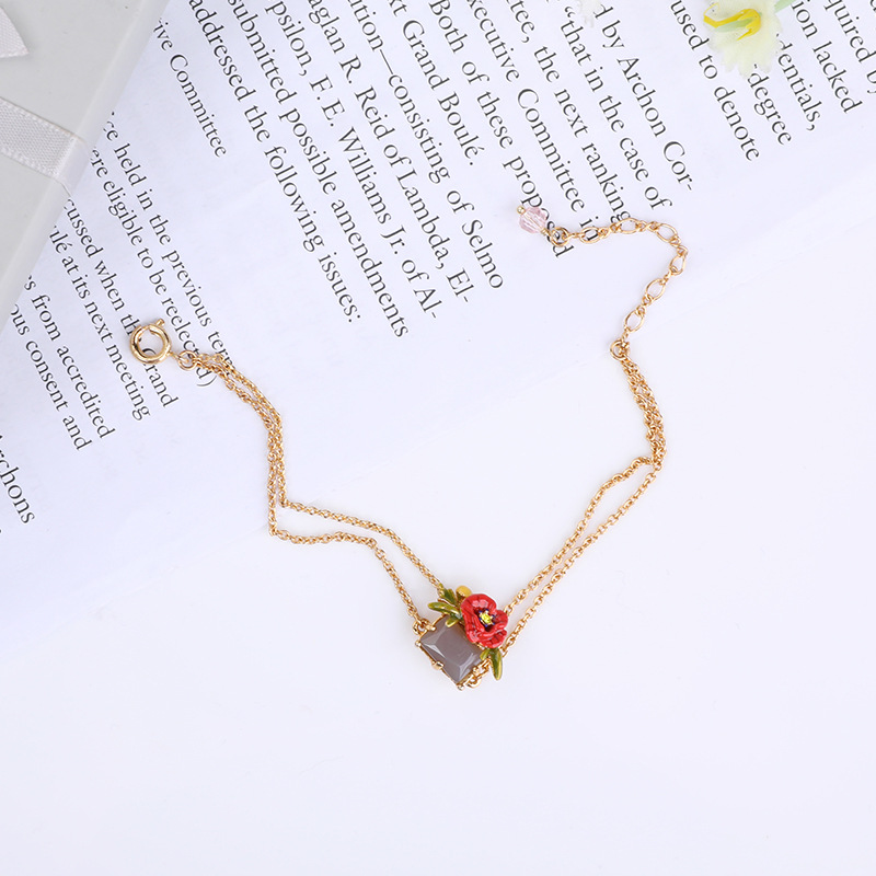 Red Rose Gem Pendant Gold Plated Jewelry Enamel Bracelet