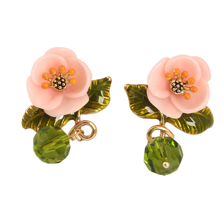 Resin Flower Green Leaf Enamel Earrings Jewelry Stud Earrings