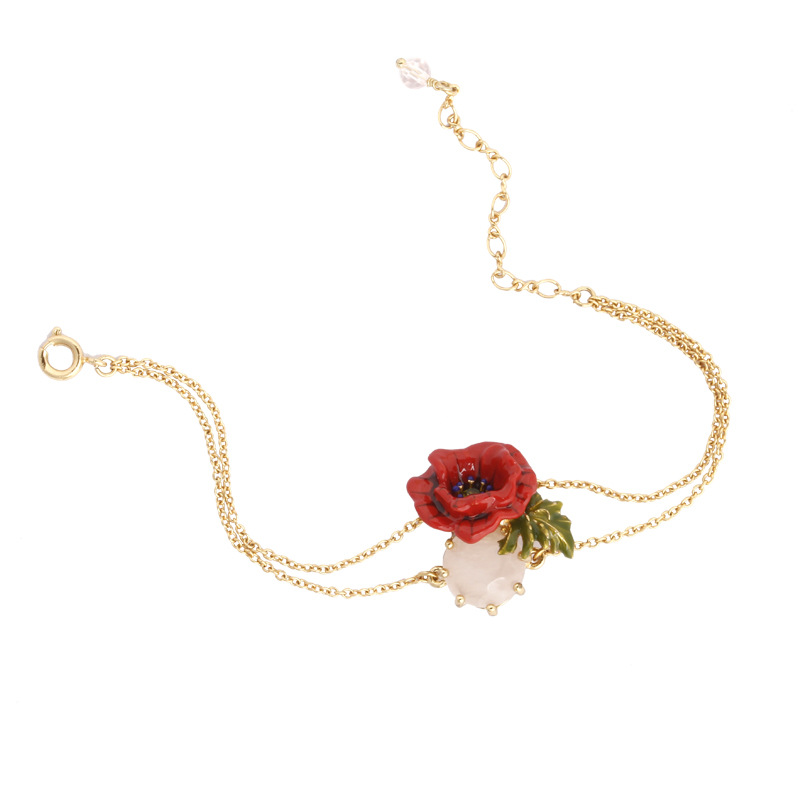 Rose Flower Pink Crystal Gold Plated Jewelry Enamel Bracelet