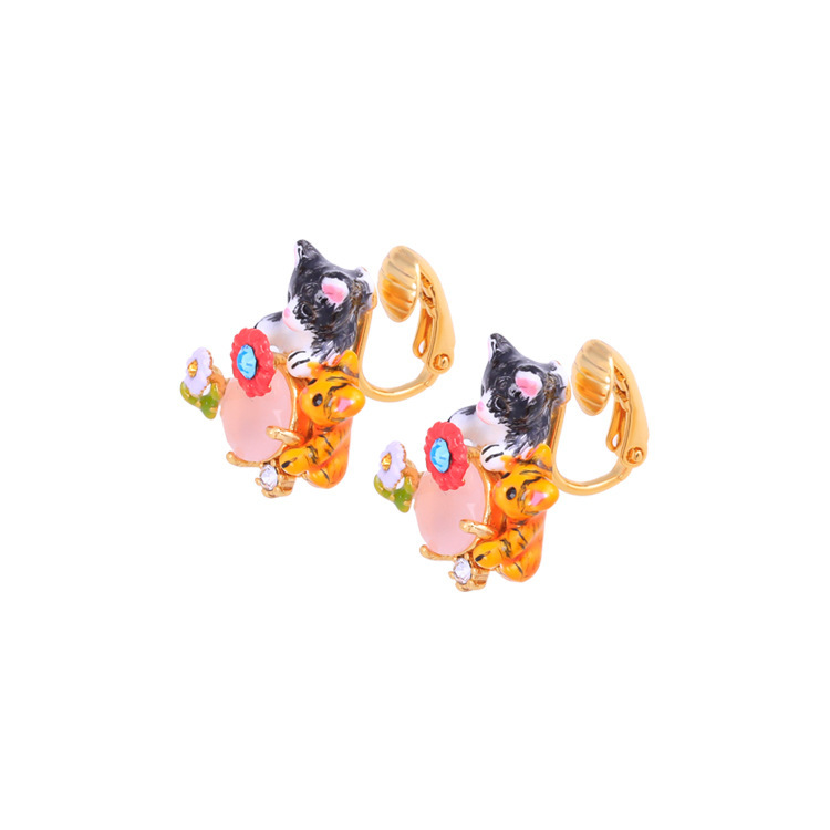 Cat And Kitten On Faceted Crystal Enamel Earrings