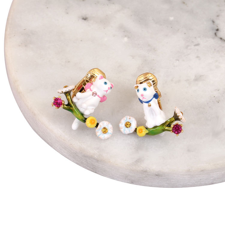 White Cat Branch Enamel Earrings Jewelry Stud Clip Earrings