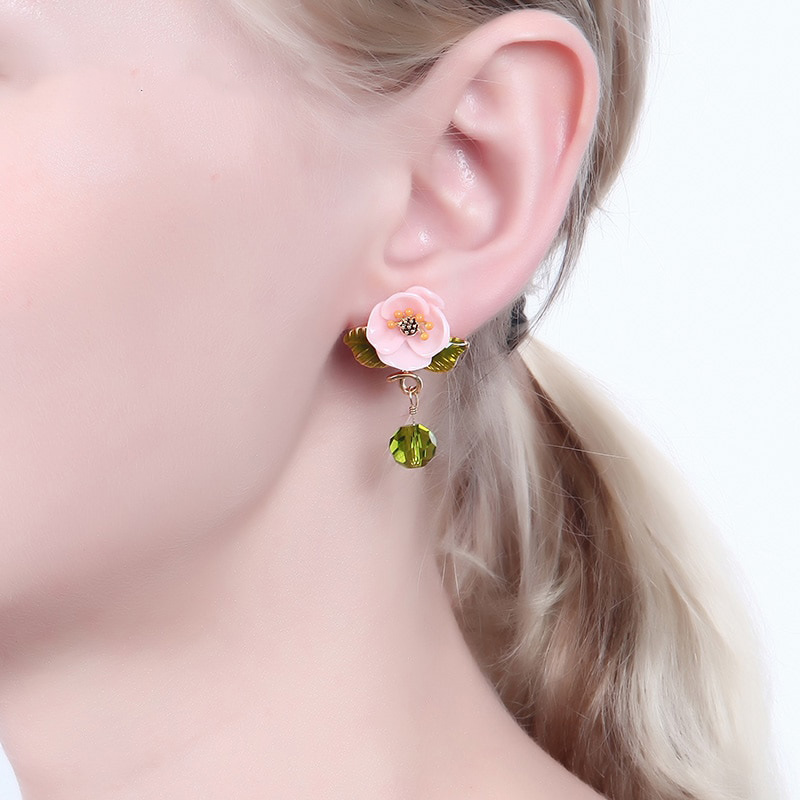 Pink Flower Green Leaf Enamel Earrings