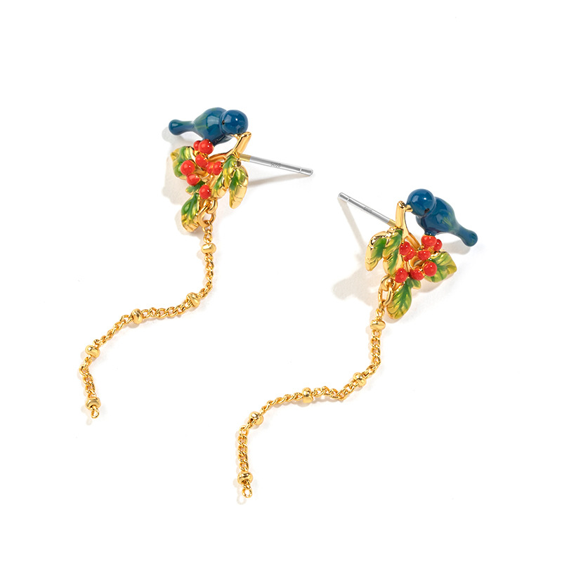 Blue Bird Tassel Enamel Earrings