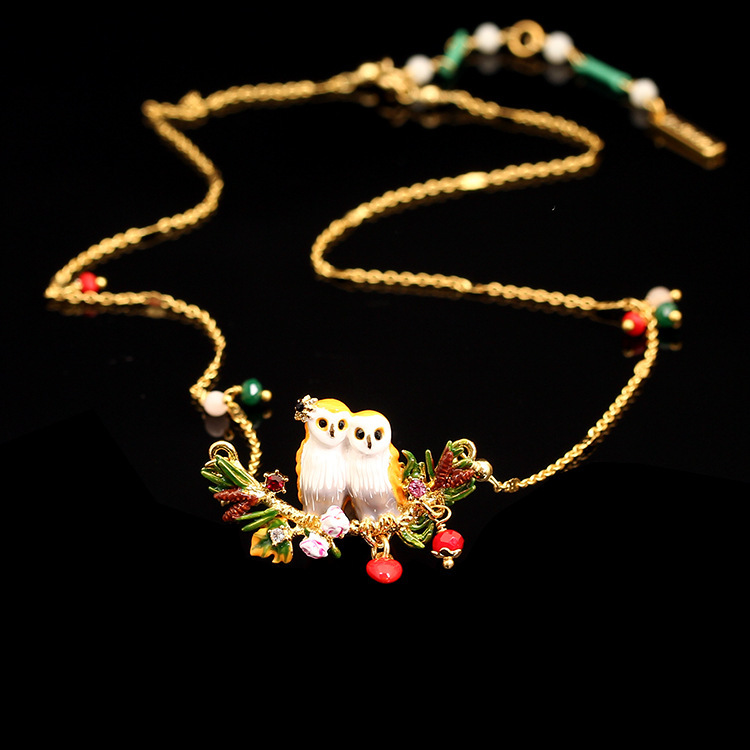 Owl Bird Couple On A Branch Ename Necklace