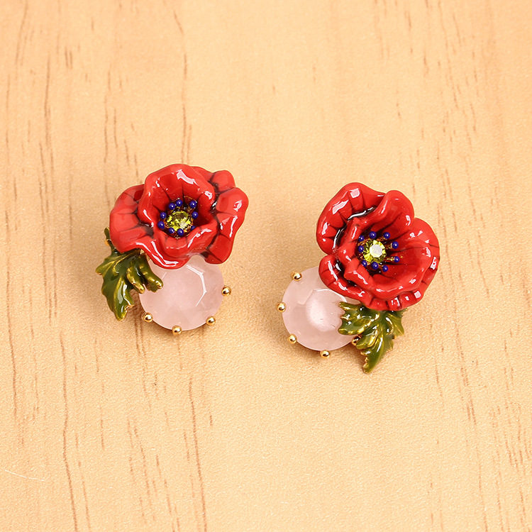 Red Rose Flower And Stone Enamel Stud Earrings Jewelry Gift