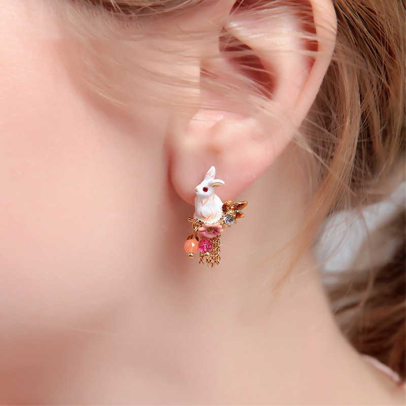 Rabbit and Chain Asymmetrical Stud/Clip Earrings