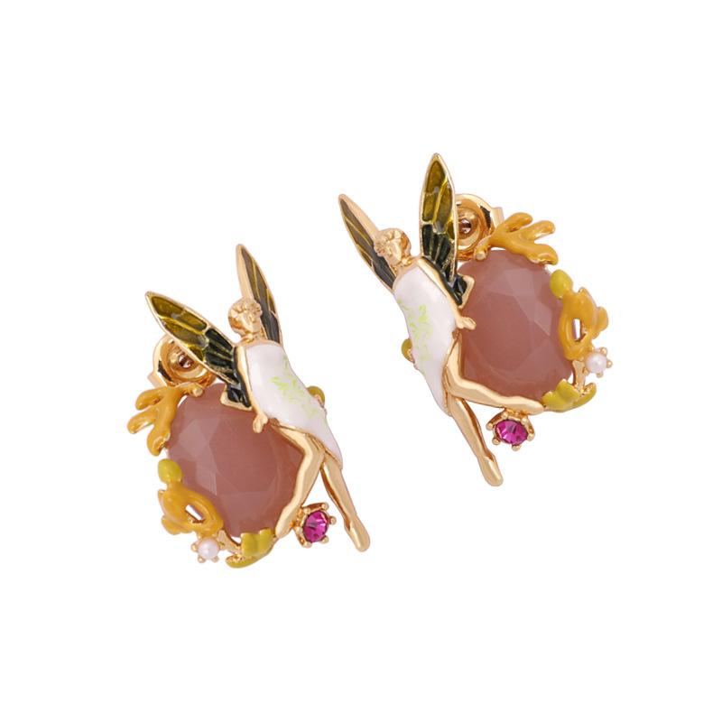 Fairy Pink Gem Enamel Stud Earrings