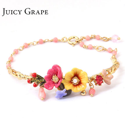 Pink Yellow Peony Flower Branch Jewelry Enamel Bracelet