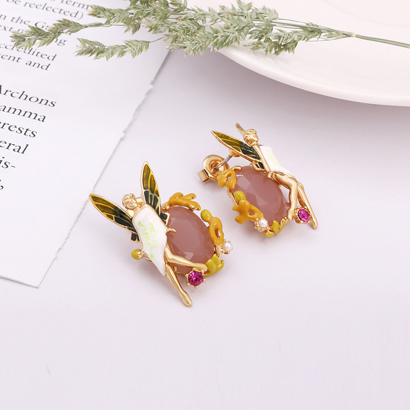 Pink Gem Flower Fairy Enamel Earrings Jewelry Stud Earrings