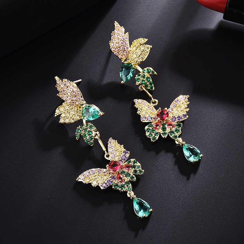 S925 Silver Needle Butterfly Earrings Fashion Fairy Color Zircon Earrings