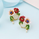 Two-color Flower Rhinestone Hand Painted Eamel Stud Clip Earrings