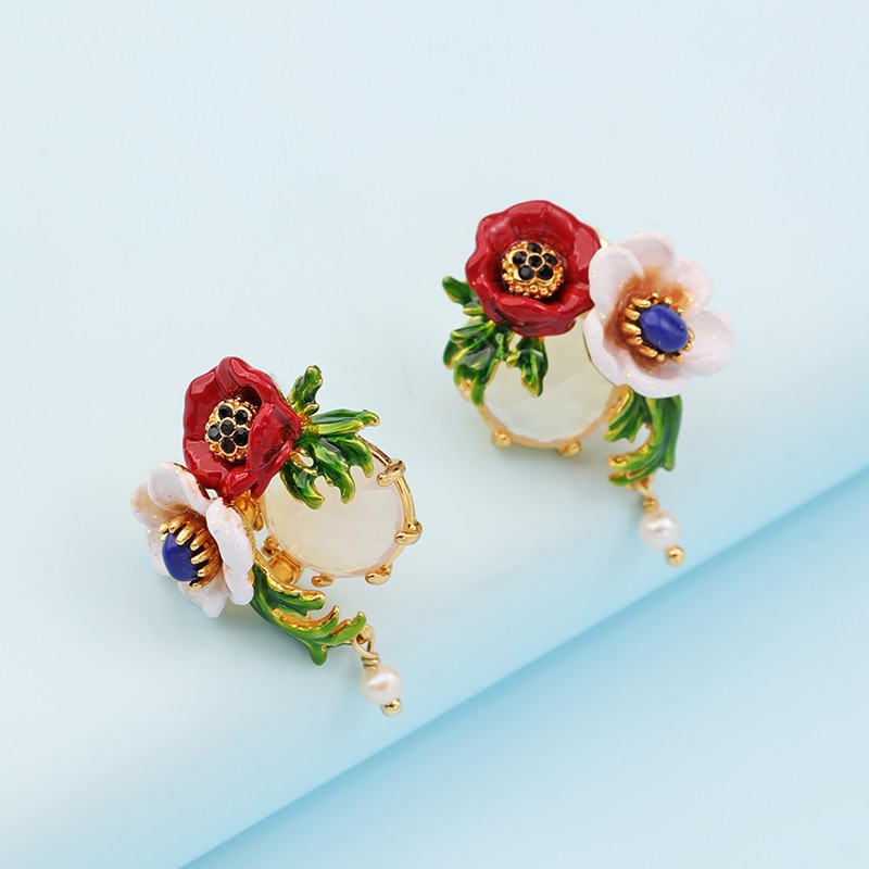 Two-color Flower Rhinestone Hand Painted Eamel Stud Clip Earrings