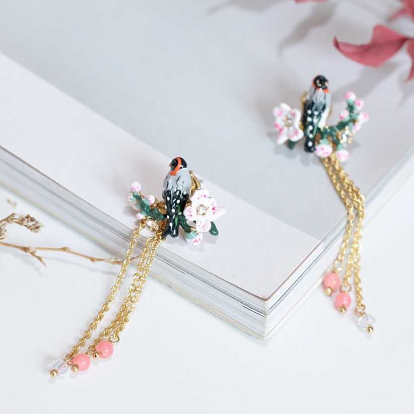 Tit Bird Cherry Blossom Enamel Earrings Jewelry Stud Clip Earrings