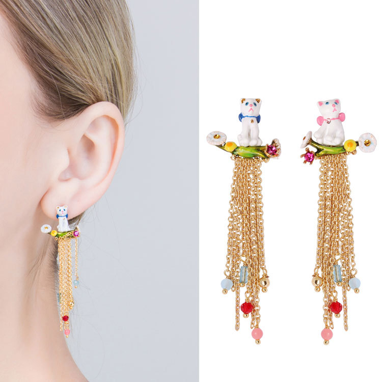 Blue Pink Cat Long Tassel Asymmetry Enamel Earrings Jewelry Stud Earrings