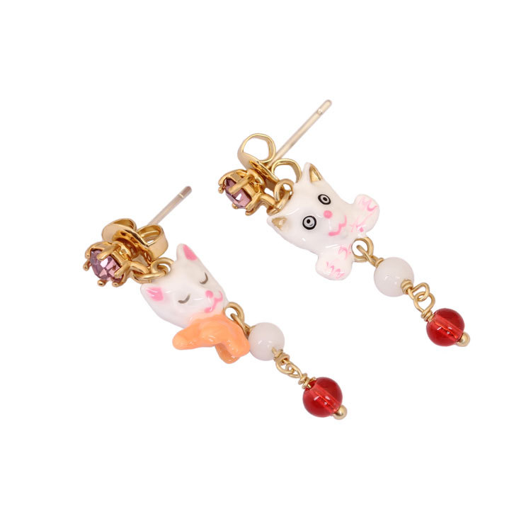 Kitten And Crystal Enamel Earrings