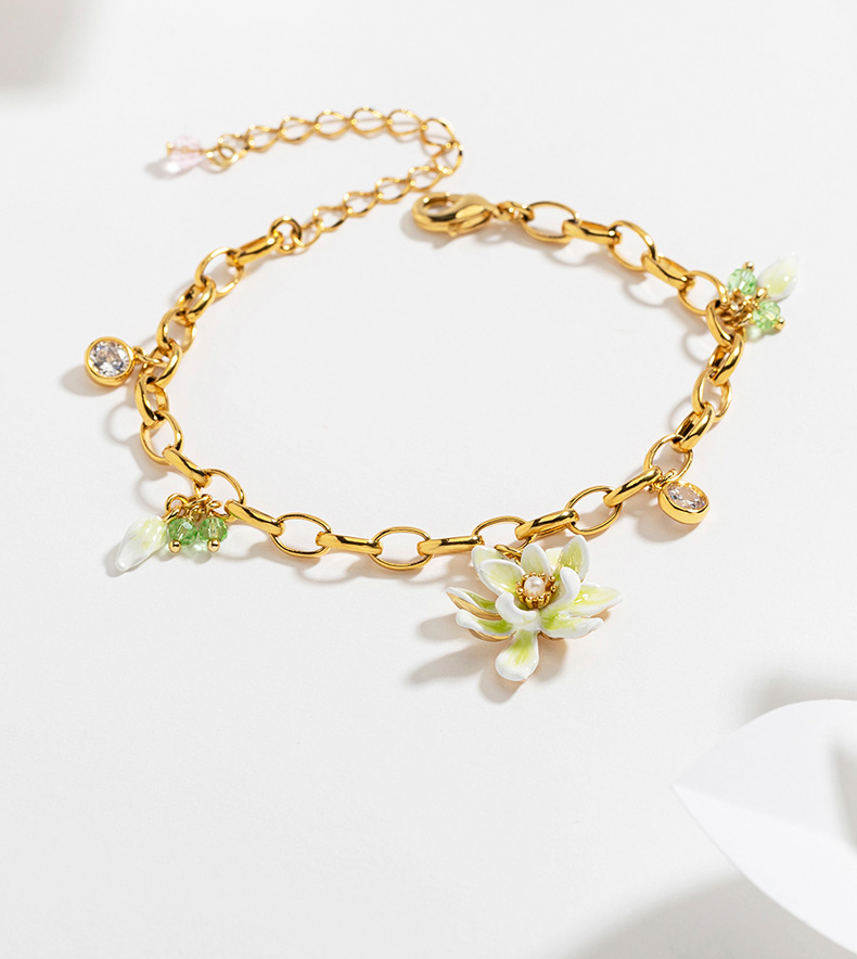 Flower With Pearl And Crystal Enamel Charm Bracelet